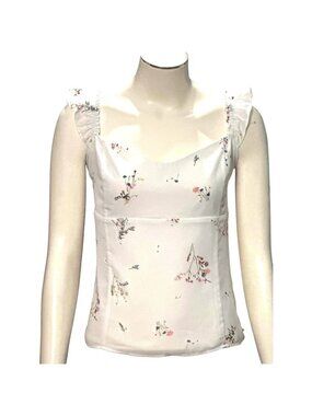 Floral Ruffle Strap Smocked White Tank Top Small Stretchy Feminine Chic Fit